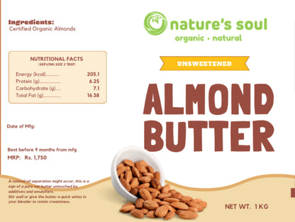 Almond Butter - Unsweetened - Made from Certified Organic Almonds - Nature&