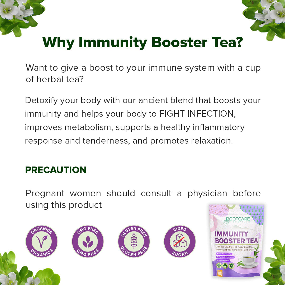 Tea | Immunity Booster (With The Goodness Of Ashwagandha, Brahmi And 21 Others Herbs &amp;amp; Spices) - Organic - Gluten Free, No Added Sugar, Preservatives Free &amp;amp; No Artificial Colors - Root Care Organics - 100gm
