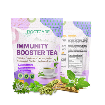Tea | Immunity Booster (With The Goodness Of Ashwagandha, Brahmi And 21 Others Herbs &amp;amp; Spices) - Organic - Gluten Free, No Added Sugar, Preservatives Free &amp;amp; No Artificial Colors - Root Care Organics - 100gm