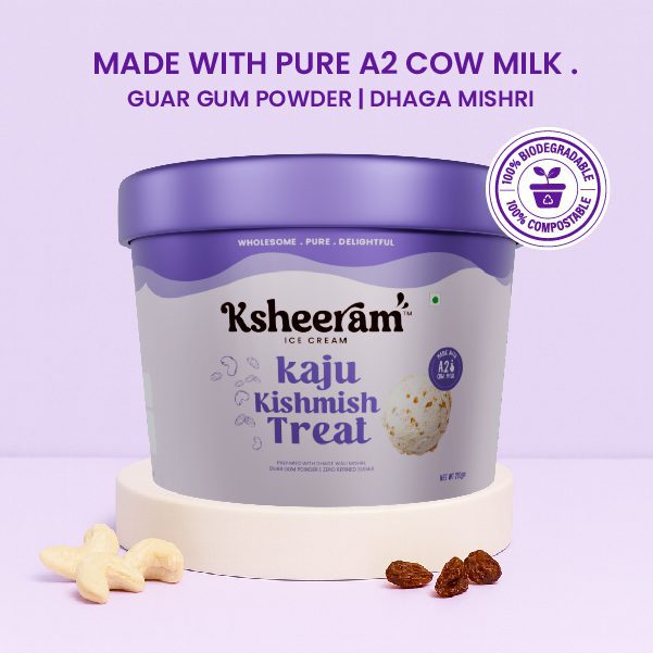 Ice Cream | Kaju Kishmish Treat - Guar Gum Powder with Dhaga Mishri -Prepared With A2 Cow Milk- Zero Preservatives, No Refined Sugar &amp;  Zero Added Colour and Artificial - Ksheeram Ice Cream – 200 gms