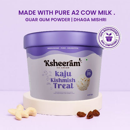 Ice Cream | Kaju Kishmish Treat - Guar Gum Powder with Dhaga Mishri -Prepared With A2 Cow Milk- Zero Preservatives, No Refined Sugar &amp;  Zero Added Colour and Artificial - Ksheeram Ice Cream – 200 gms