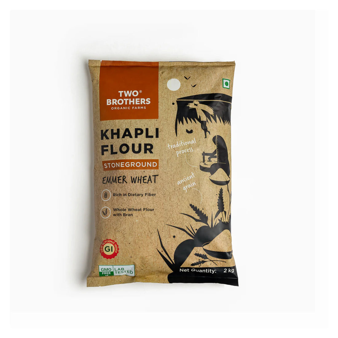 Khapli (Emmer Long Wheat) Atta - Stoneground - Natural - Indian - High In Fiber - Two Brothers – 2000gm
