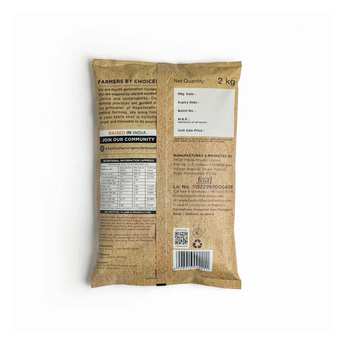 Khapli (Emmer Long Wheat) Atta - Stoneground - Natural - Indian - High In Fiber - Two Brothers – 2000gm