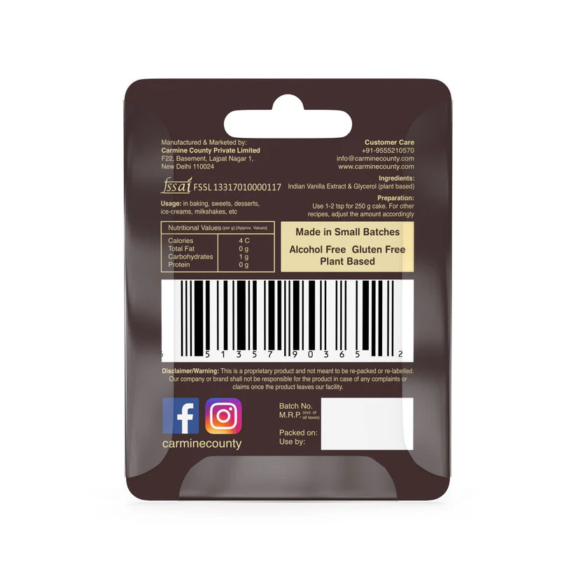 Indian Vanilla Extract | All Natural – Vegan, Gluten Free, Alcohol Free, No added Sugar & No Artificial Ingredients – Carmine County – 10ml