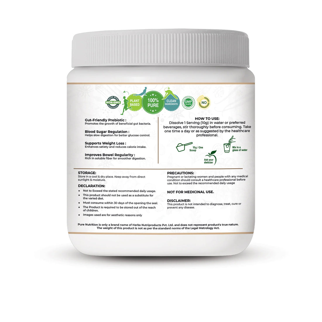 Protein Powder | Inulin Powder Prebiotic Fiber – Gut Health &amp; Digestive Support – Gluten Free, Zero Added Sugar, High Protein &amp;amp; Non GMO – Pure Nutrition – 250gm