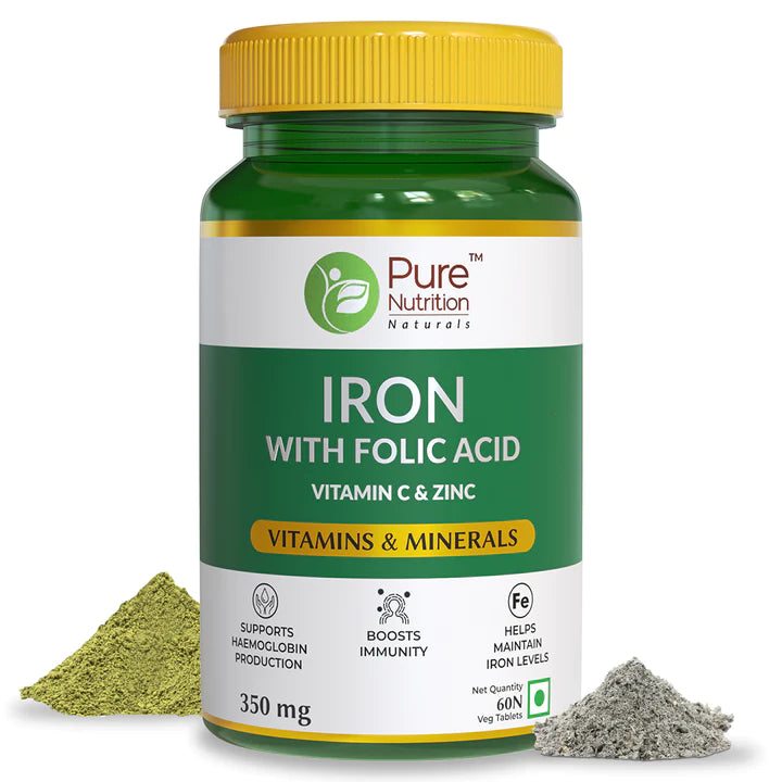 Iron | (With Folic Acid, Vitamin C & Zinc) – Vitamins & Minerals - Boosts Immunity & Helps Maintain Iron Levels – Pure Nutrition – (350mg) - 60 Capsules