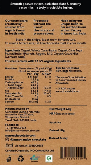 49% Crunchy Peanut Butter Dark Chocolate - Vegan &amp;amp; Gluten Free - Mason &amp;amp; Co - 60gm