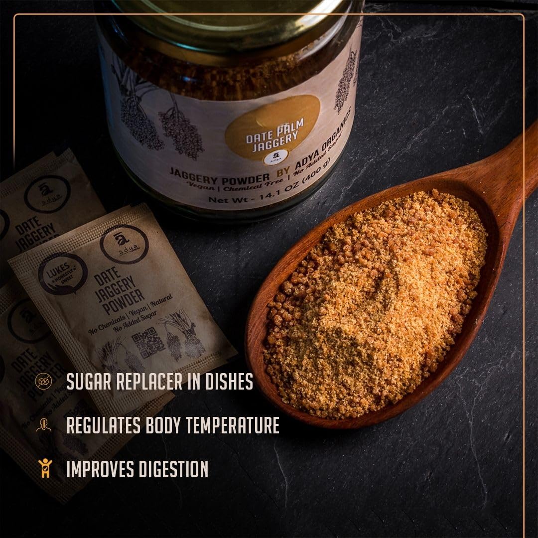 Jaggery Powder  | Date Palm Jaggery - Organic - Vegan, Chemical Free &amp;amp; No Added Sugar - Adya Organic - 400gm