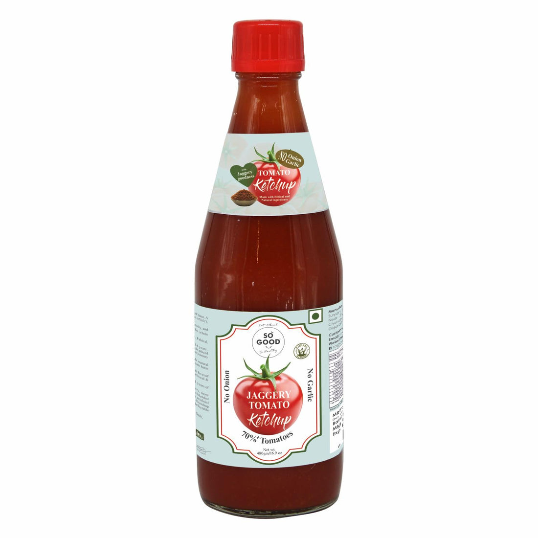 Tomato Ketchup | 70% Tomatoes (Jaggery Tomato Ketchup) - Natural - No Onion, No Garlic, No Added Flavors, Colour, Chemicals & No Added Preservatives - So Good - 480gm