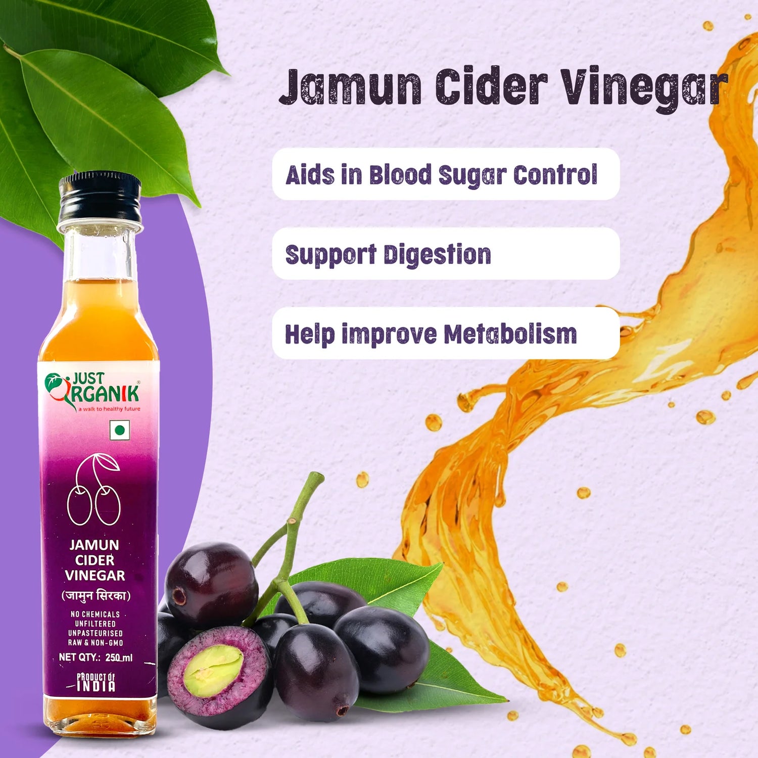 Vinegar | Jamun Cider Vinegar - Raw - Unfiltered - Unpasteurised - No Added Chemicals &amp;amp; Non GMO - Just Organik - 250ml