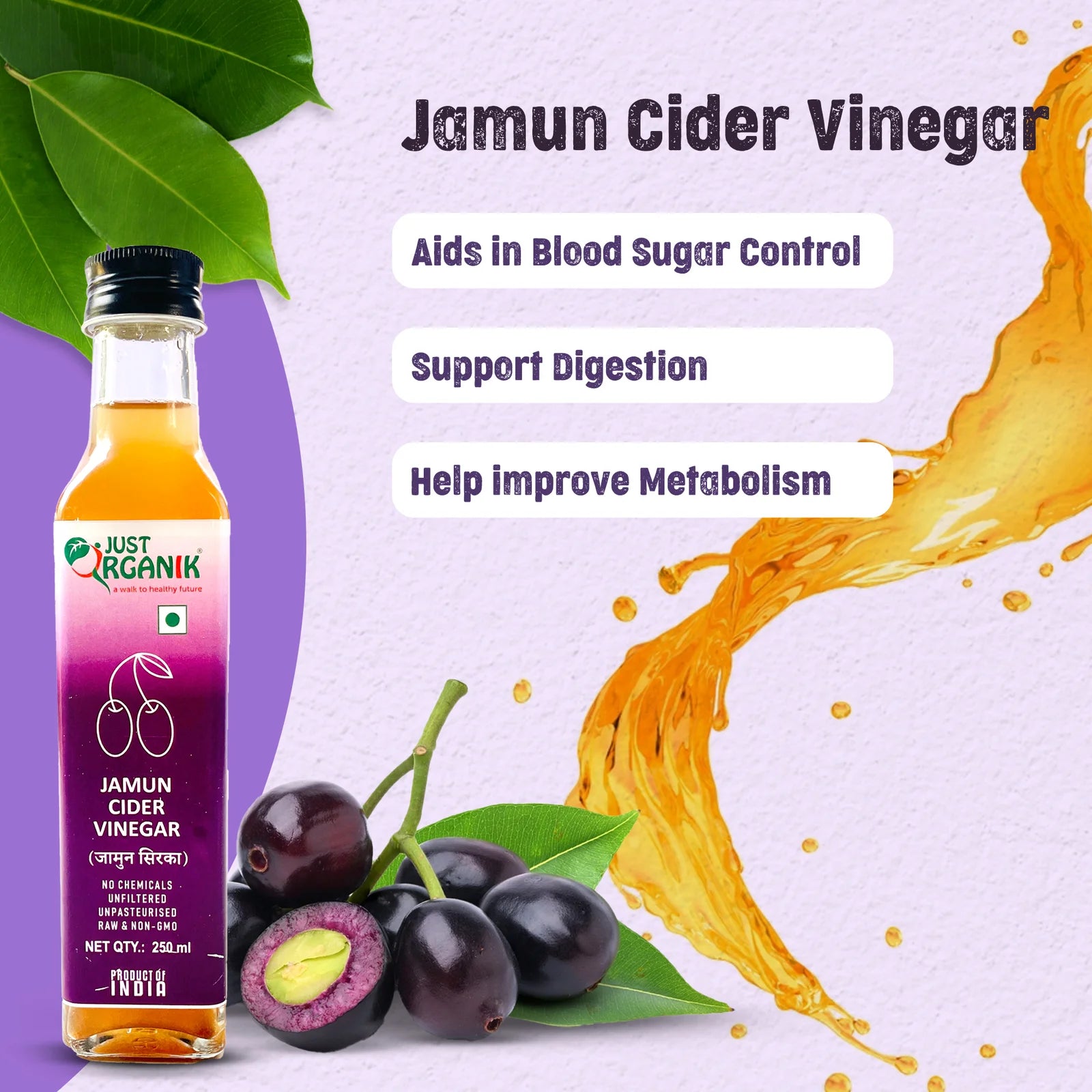 Vinegar | Jamun Cider Vinegar - Raw - Unfiltered - Unpasteurised - No Added Chemicals &amp;amp; Non GMO - Just Organik - 250ml