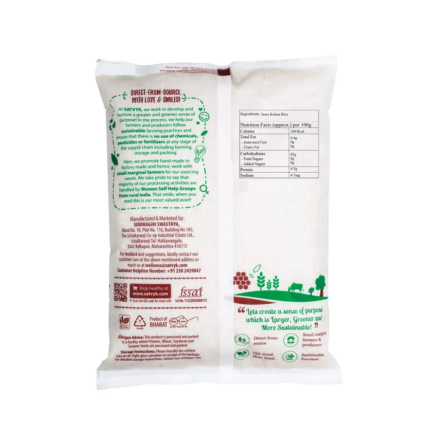 Rice | Jeera Kolam Rice -Short Grain Fragrant Rice - Fluffy &amp; Quick to Cook - Perfect for Khichdi &amp; Daily Meals-No Preservatives- Satvyk - 1000gm