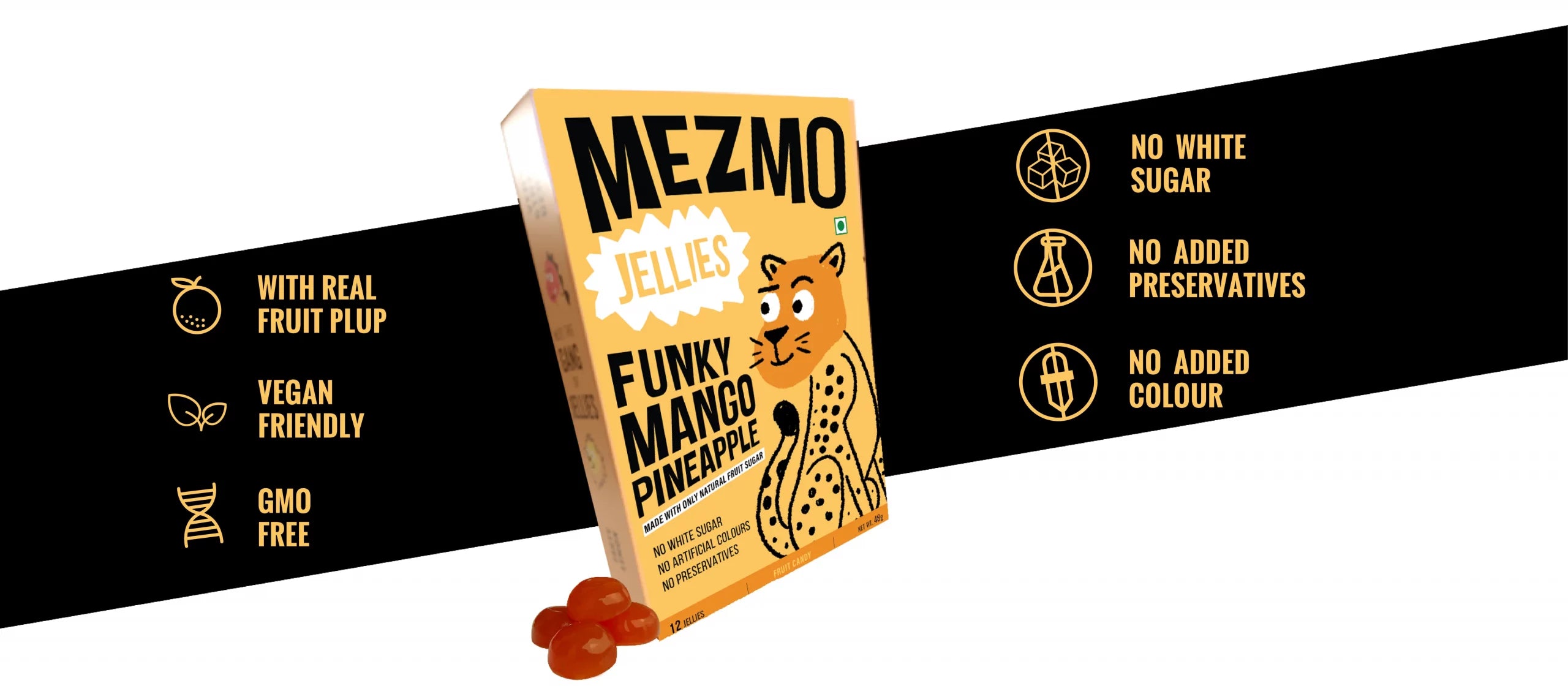 Jellies | Funky Mango Pineapple (Made With Real Fruit Plup) - Natural - Vegan, Gluten Free, GMO Free, No White Sugar, No Added Preservatives &amp;amp; No Added Colors - Mezmo - 48gm