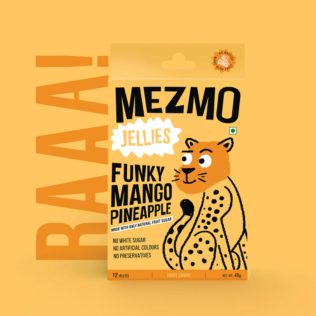 Jellies | Funky Mango Pineapple (Made With Real Fruit Plup) - Natural - Vegan, Gluten Free, GMO Free, No White Sugar, No Added Preservatives & No Added Colors - Mezmo - 48gm