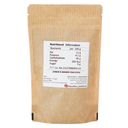 Crackers | Jowar N Ginger - Oven Baked - Gluten Free, Diabetic Friendly, Immunity Booster &amp;amp; No Added Preservatives - Bites Of Bliss – 125gm