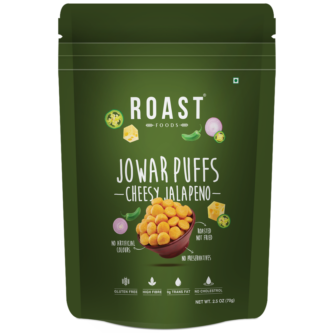 Jowar Puff | Cheesy Jalapeno - Roasted - Not Fried - Gluten Free, High In Fibre, No Trans Fat & No Artificial Colour – ROAST FOODS – 70gm