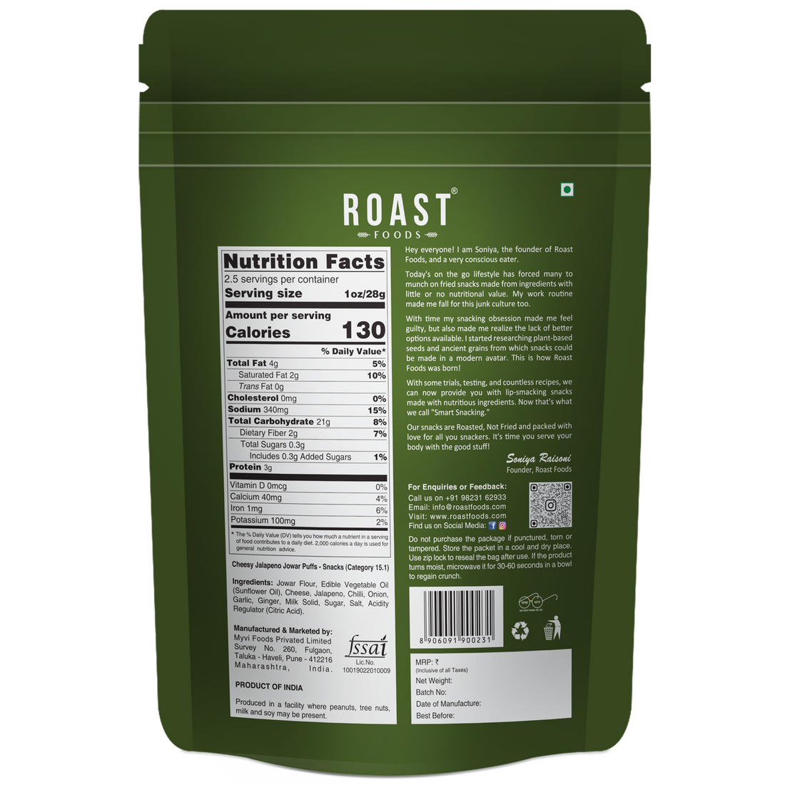 Jowar Puff | Cheesy Jalapeno - Roasted - Not Fried - Gluten Free, High In Fibre, No Trans Fat &amp; No Artificial Colour – ROAST FOODS – 70gm