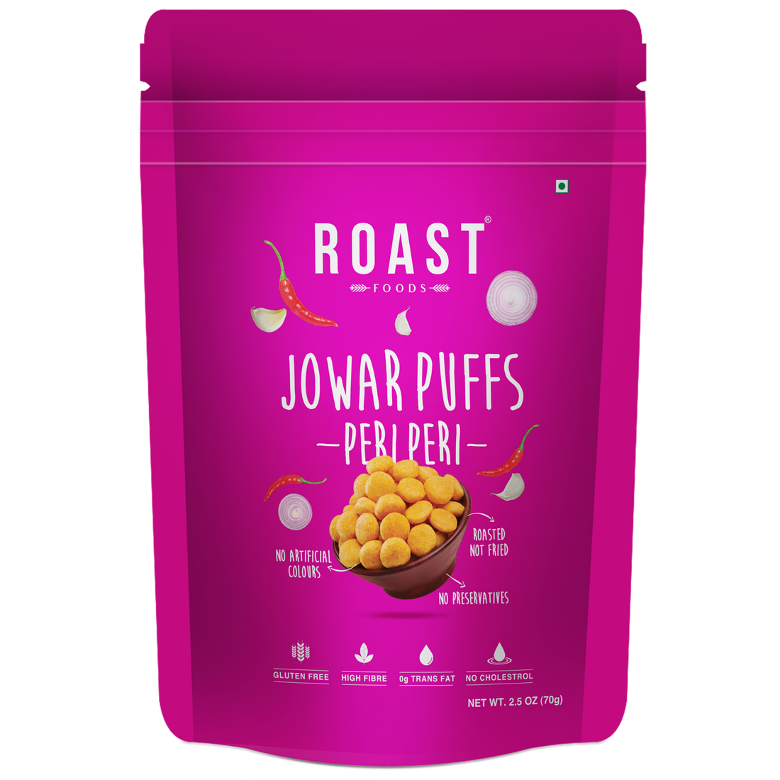 Jowar Puff | Peri Peri - Roasted - Not Fried - Gluten Free, High In Fibre, No Artificial Colour, Trans Fat Free, Cholesterol Free & No Added Preservatives - ROAST FOODS - 70gm