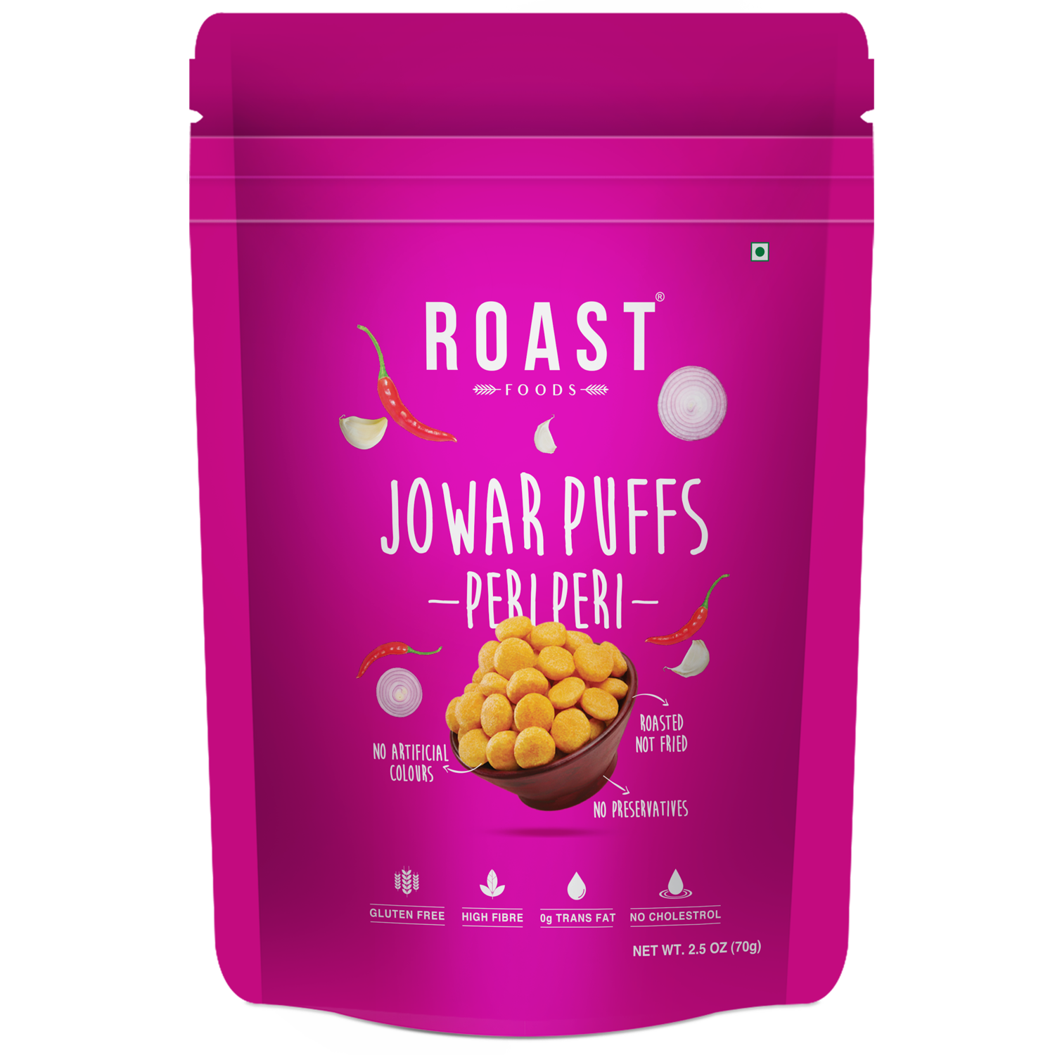Jowar Puff | Peri Peri - Roasted - Not Fried - Gluten Free, High In Fibre, No Artificial Colour, Trans Fat Free, Cholesterol Free &amp; No Added Preservatives - ROAST FOODS - 70gm