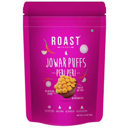 Jowar Puff | Peri Peri - Roasted - Not Fried - Gluten Free, High In Fibre, No Artificial Colour, Trans Fat Free, Cholesterol Free &amp; No Added Preservatives - ROAST FOODS - 70gm