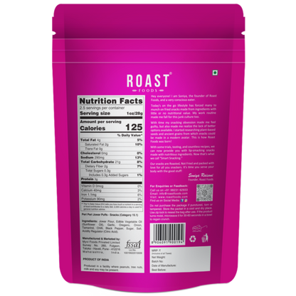 Jowar Puff | Peri Peri - Roasted - Not Fried - Gluten Free, High In Fibre, No Artificial Colour, Trans Fat Free, Cholesterol Free &amp; No Added Preservatives - ROAST FOODS - 70gm