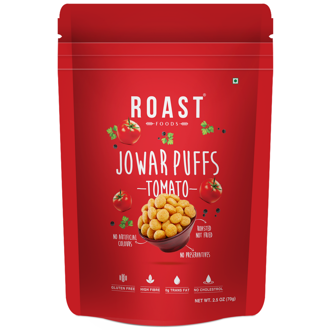 Jowar Puff | Tomato - Roasted – Not Fried – Gluten Free, High In Fibre, No Trans Fat & No Artificial Colour – ROAST FOODS – 70gm
