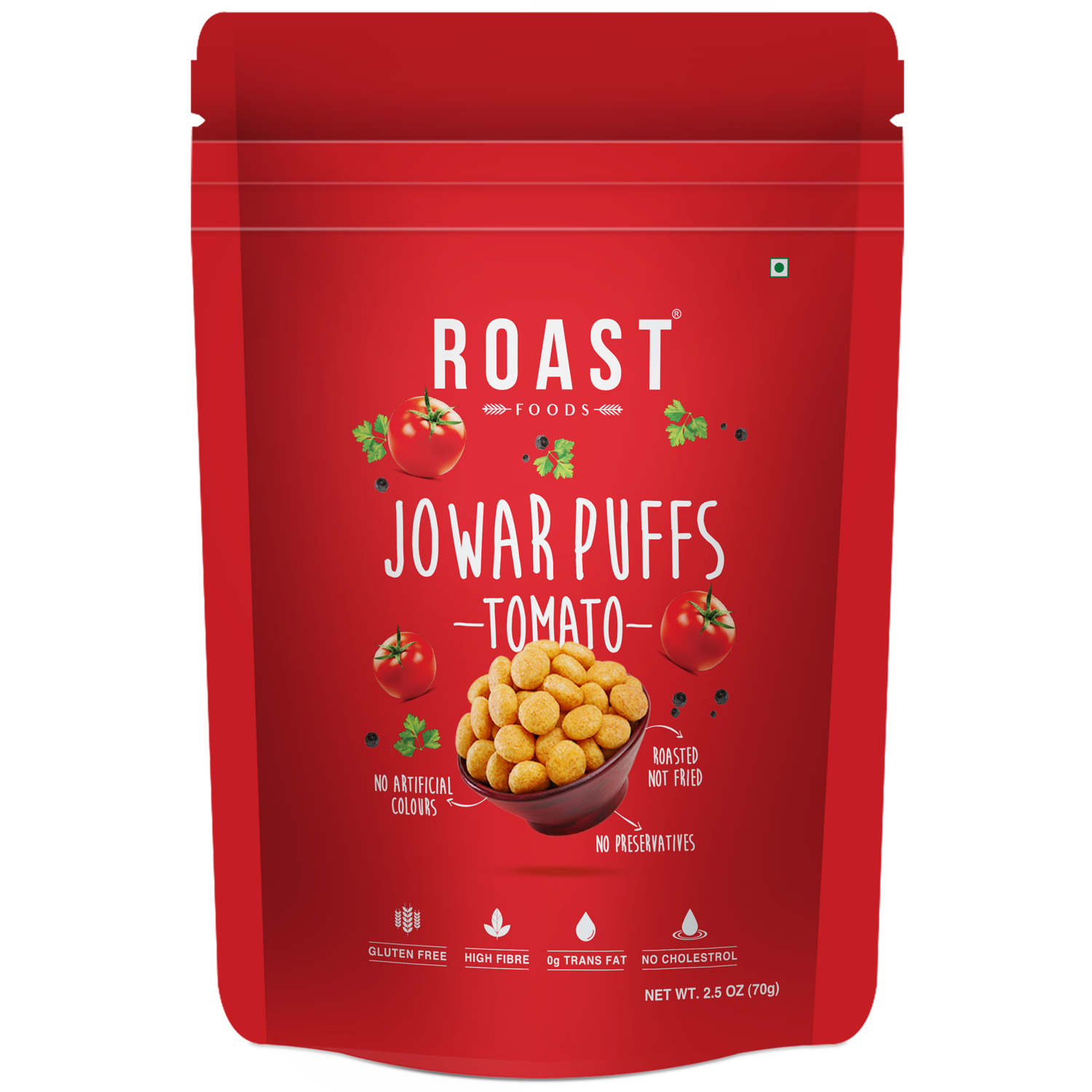 Jowar Puff | Tomato - Roasted – Not Fried – Gluten Free, High In Fibre, No Trans Fat &amp; No Artificial Colour – ROAST FOODS – 70gm