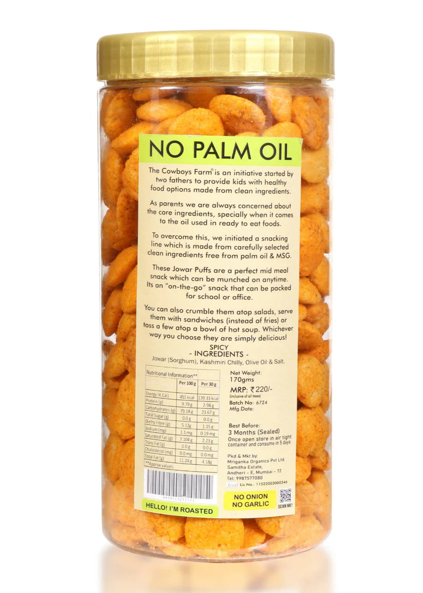 Jowar Puffs | Spicy Jowar Puffs -No Onion &amp; Garlic- Gluten Free, Palm Oil Free &amp; No Added Preservatives - The Cow Boys Farm - 170gm