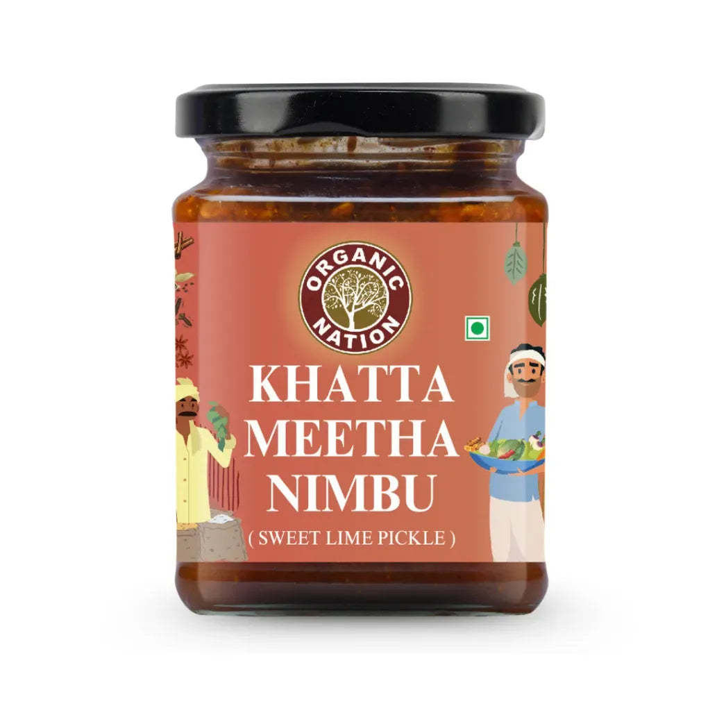 Pickle | Khatta Mango Pickle (Sweet Lime Pickle) - No Added Preservatives & No Artificial Colours And Flavours - Organic Nation - 300gm