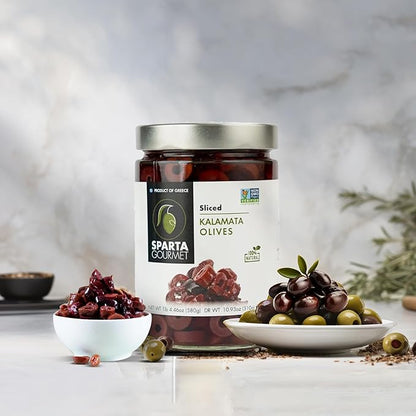 Kalamata Olive | Sliced Kalamata Olive  – Natural - Non GMO – Sparta Gourmet – 580gm