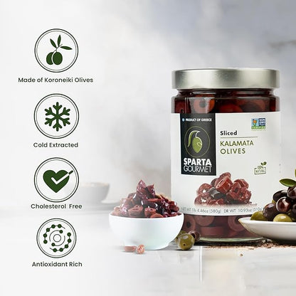 Kalamata Olive | Sliced Kalamata Olive  – Natural - Non GMO – Sparta Gourmet – 580gm