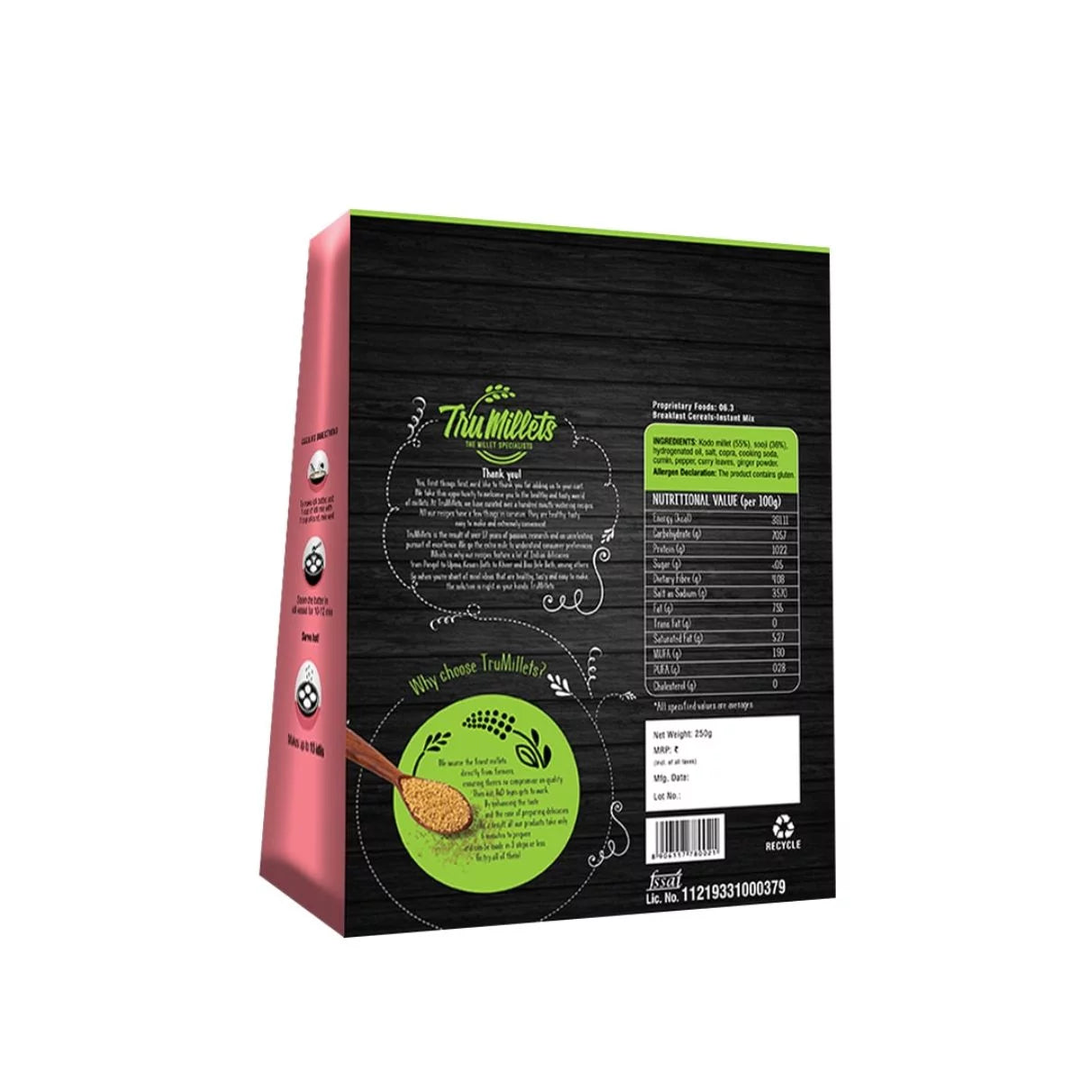 Kanjeevaram Idli Mix –  55% Millet &amp;amp; Dal - Natural - Indian - Rich Source Of Protein, Dietary Fibre, Rich Source of Calcium, Potassium, Iron, Zero Trans Fat, Cholesterol Free, Low Glycaemic Index &amp;amp; Keto Friendly - TruMillets – 250gm