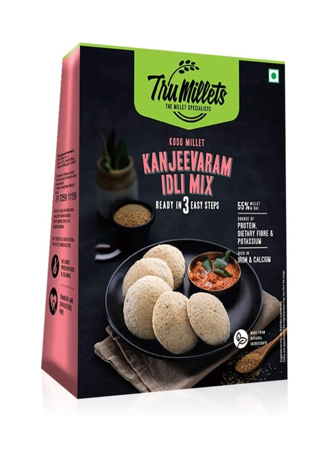 Kanjeevaram Idli Mix – 55% Millet & Dal - Natural - Indian - Rich Source Of Protein, Dietary Fibre, Rich Source of Calcium, Potassium, Iron, Zero Trans Fat, Cholesterol Free, Low Glycaemic Index & Keto Friendly - TruMillets – 250gm