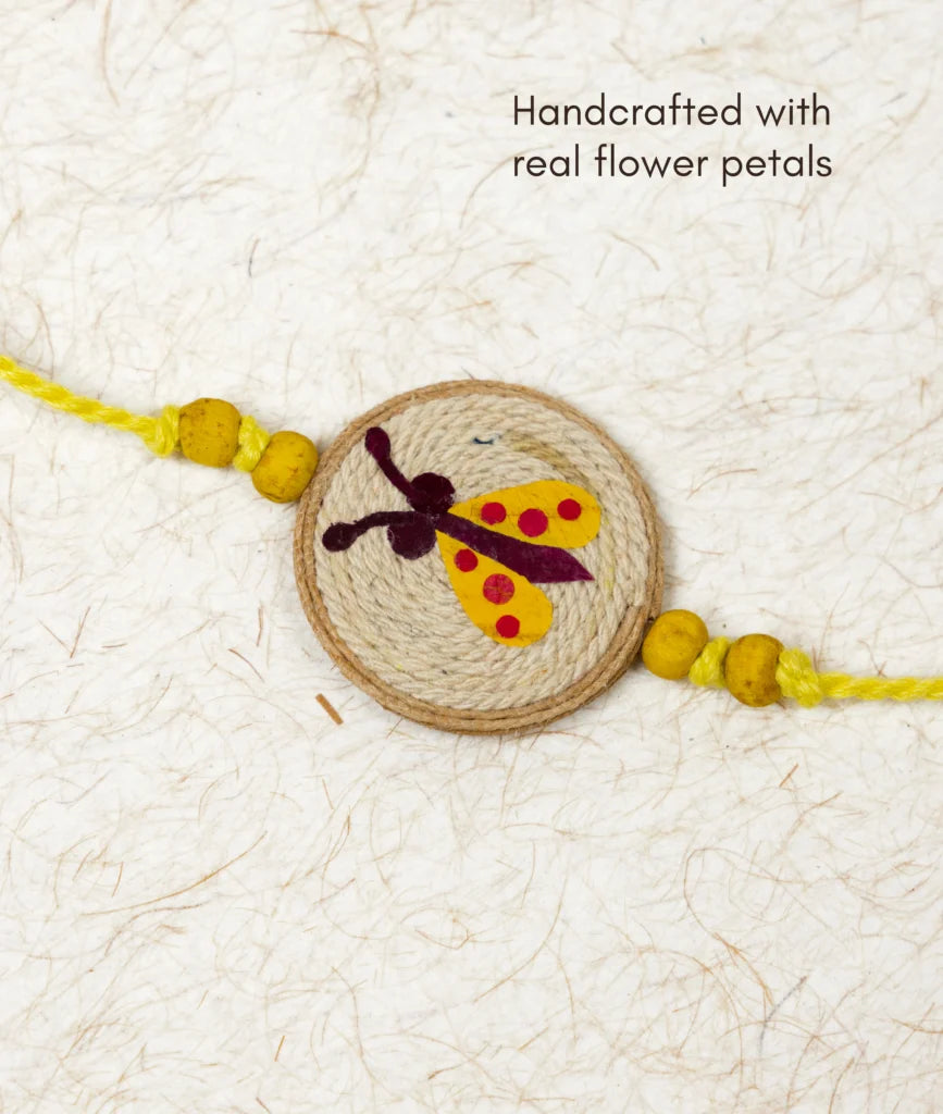 Rakhi | Kanjoos Makhichoos Rakhi (Made From Cotton, Jute, Wooden beads &amp; With Pressed Flower Petals) – Handcrafted – Eco Friendly – Nature’s Soul - Single Piece