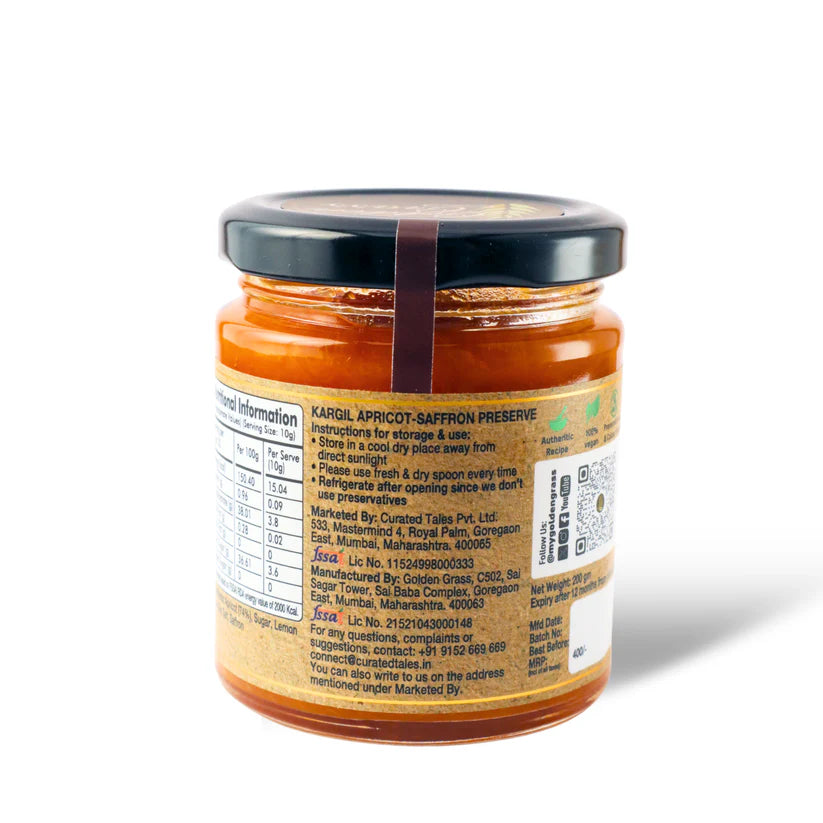 Saffron Preserve | Kargil Apricot &amp; Saffron Preserve  - 100% Natural-No Refined Sugar – Vegan, No Added Colour &amp; No Added Preservatives – Golden Grass – 200gm