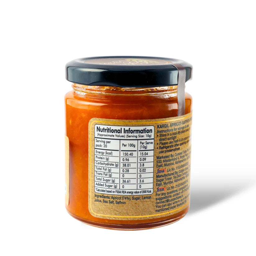 Saffron Preserve | Kargil Apricot &amp; Saffron Preserve  - 100% Natural-No Refined Sugar – Vegan, No Added Colour &amp; No Added Preservatives – Golden Grass – 200gm