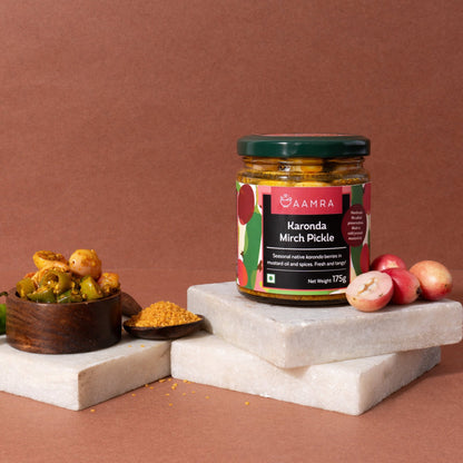 Pickle | Karonda Mirch Pickle (Seasonal!)-Fresh  Tangy , Pickled Karonda  Green Chillies- Handmade, Cold Pressed Mustard Oil - No Added Preservatives - Aamra - 175gm