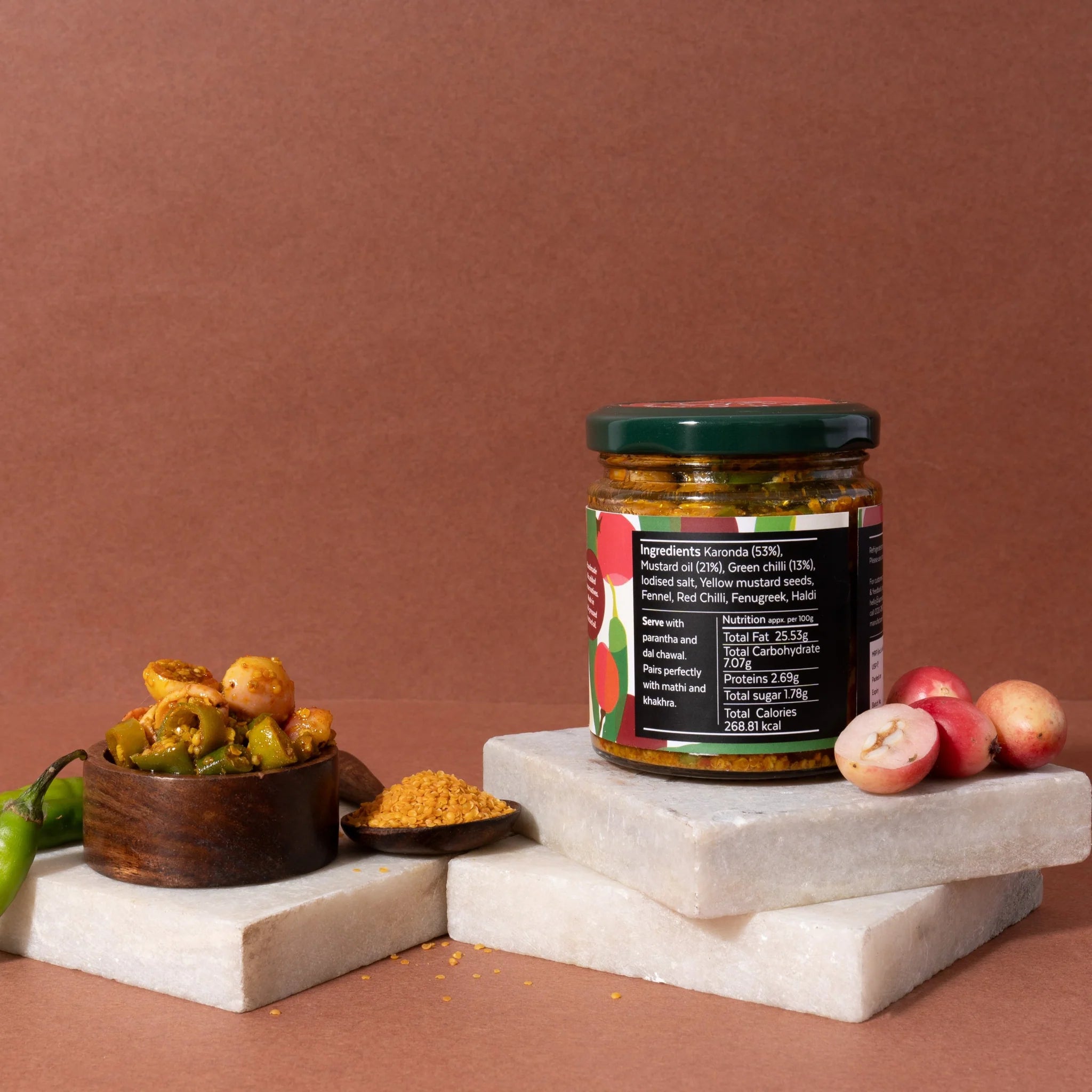 Pickle | Karonda Mirch Pickle (Seasonal!)-Fresh  Tangy , Pickled Karonda  Green Chillies- Handmade, Cold Pressed Mustard Oil - No Added Preservatives - Aamra - 175gm