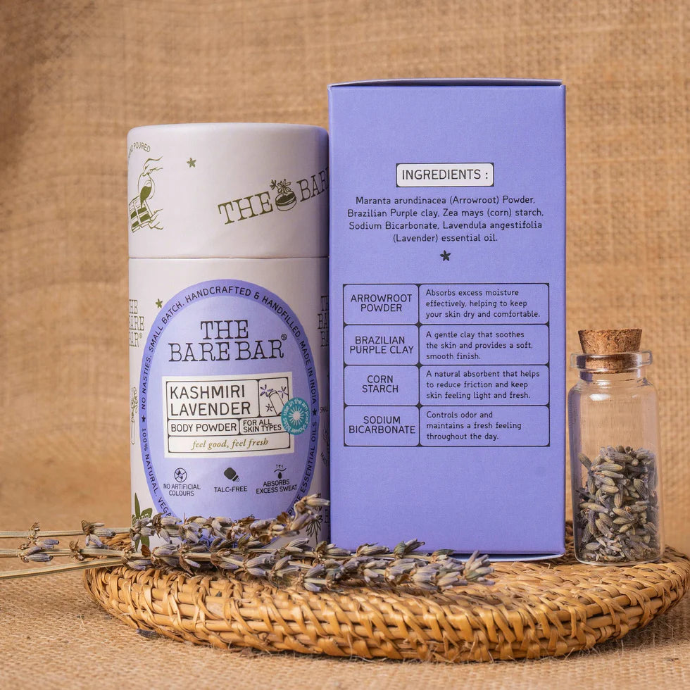 Body Powder | Kashmiri Lavender Body Powder (With Arrowroot Powder) - For All Skin Types - Chemical Free – The Bare Bar – 30gm
