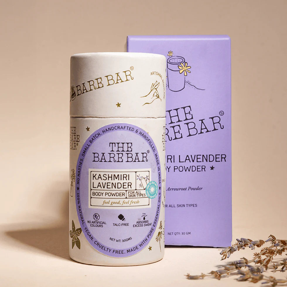 Body Powder | Kashmiri Lavender Body Powder (With Arrowroot Powder) - For All Skin Types - Chemical Free – The Bare Bar – 30gm