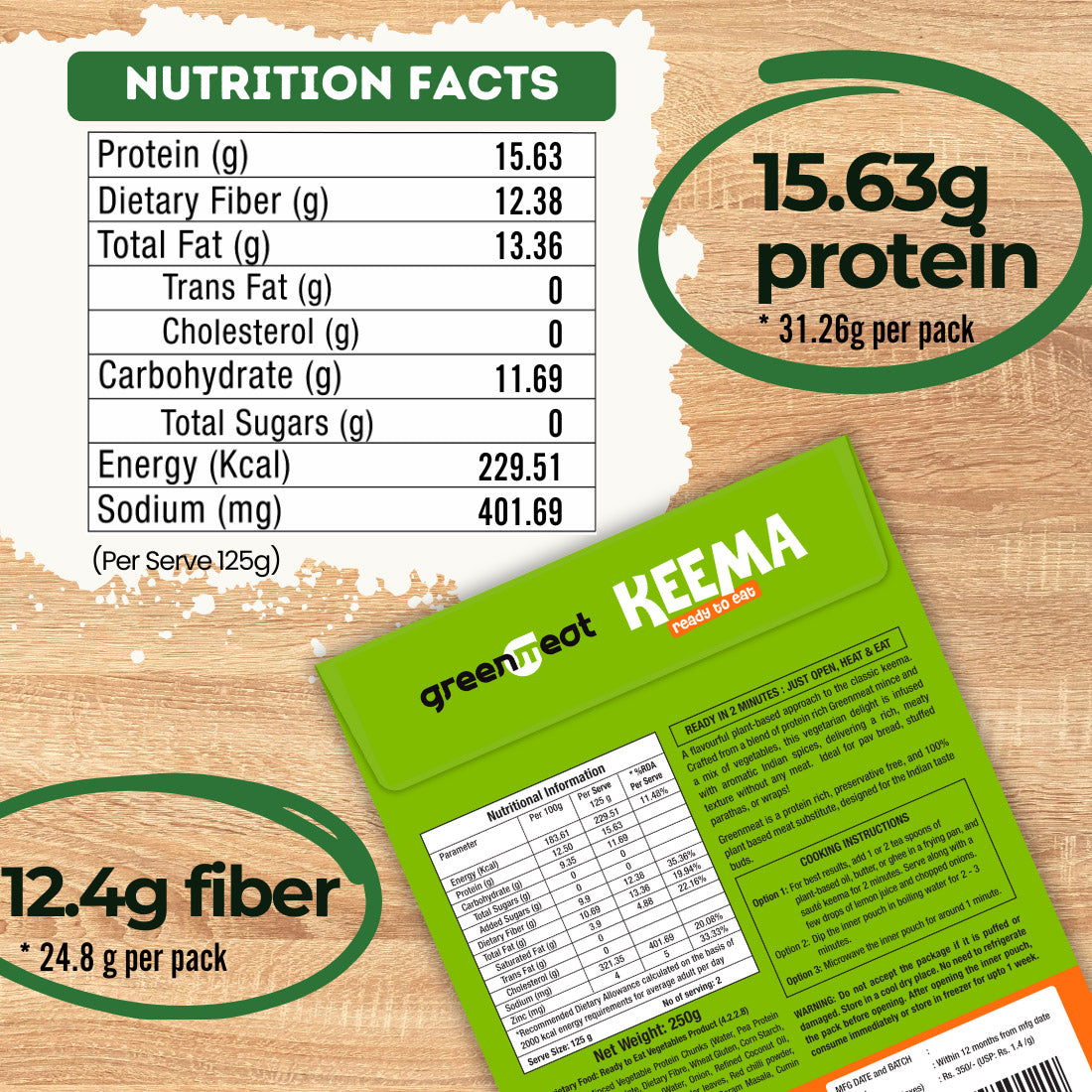 Keema  - 100% Pant Based - Easy To Cook-  Heigh Protein, Rich Fibers  – Vegetarian &amp; Dairy Free – No Added Preservatives, No Cholestrol, No Trans Fat –Greenmeat – (2 Serving) – 250gm