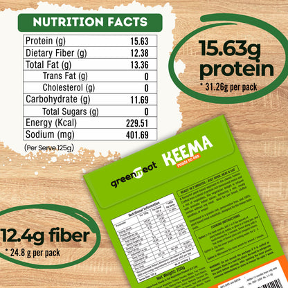 Keema  - 100% Pant Based - Easy To Cook-  Heigh Protein, Rich Fibers  – Vegetarian &amp; Dairy Free – No Added Preservatives, No Cholestrol, No Trans Fat –Greenmeat – (2 Serving) – 250gm