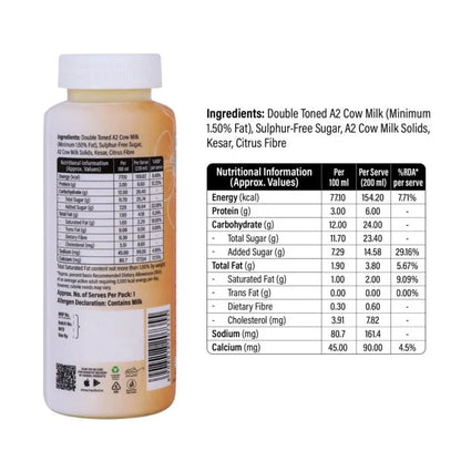 A2 Flavoured Milk | Kesar Flavoured  Milk - Source of Protein and Calcium- No Refined sugar, No Emulsifiers, No Stabilisers- Cholesterol Free, No Preservatives or Artificial flavours - Haribol - 220ml