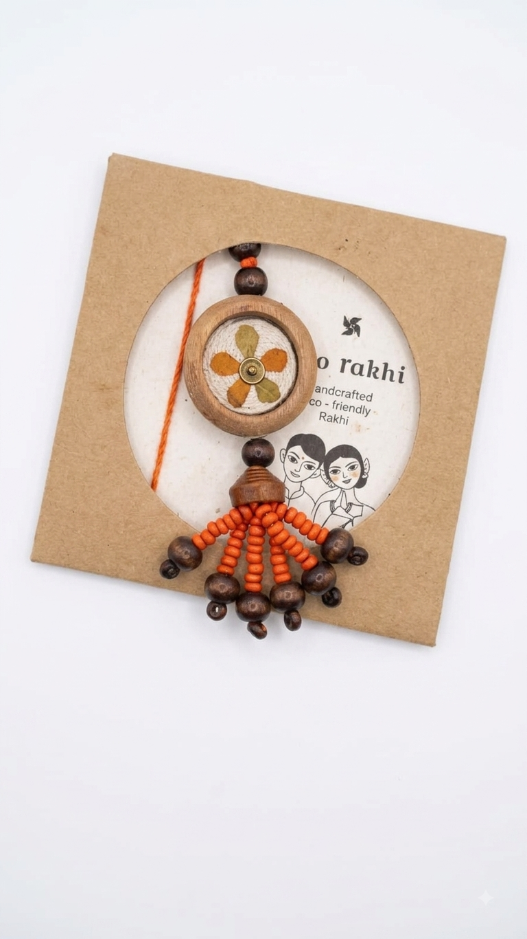 Rakhi | Kesariya Rakhi  (Made From Cotton, Jute, Wooden beads &amp; With Pressed Flower Petals) – Handcrafted – Eco Friendly – Nature’s Soul - Single Piece