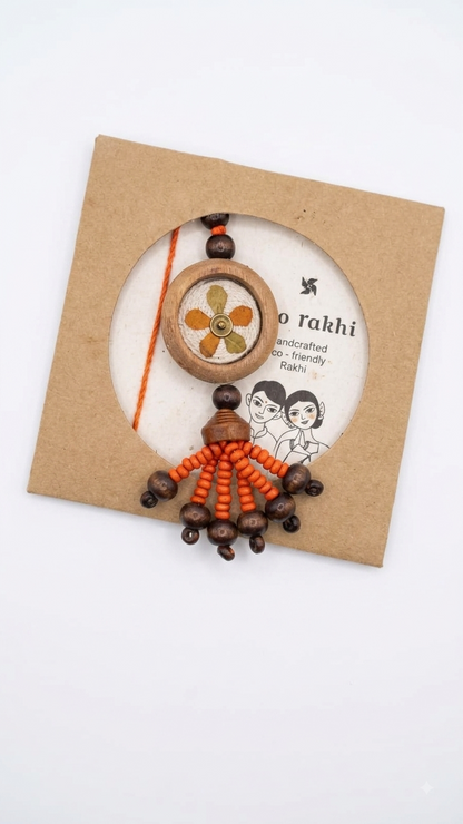 Rakhi | Kesariya Rakhi  (Made From Cotton, Jute, Wooden beads &amp; With Pressed Flower Petals) – Handcrafted – Eco Friendly – Nature’s Soul - Single Piece