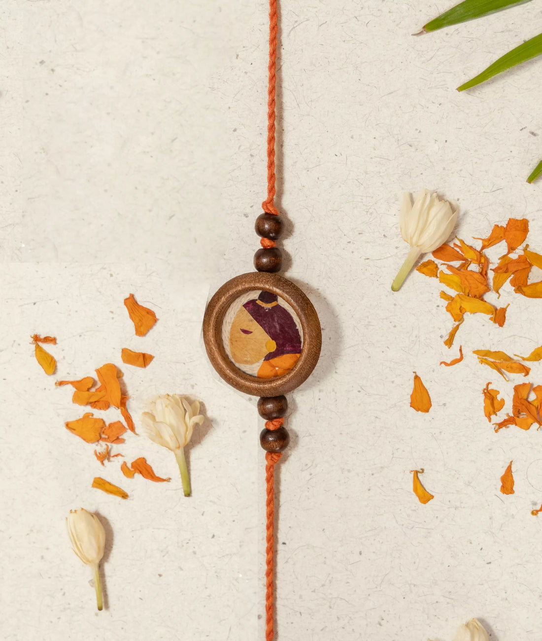 Rakhi | Kesariya Rakhi (Made From Cotton, Jute, Wooden beads &amp; With Pressed Flower Petals) – Handcrafted – Eco Friendly – Nature’s Soul - Single Piece