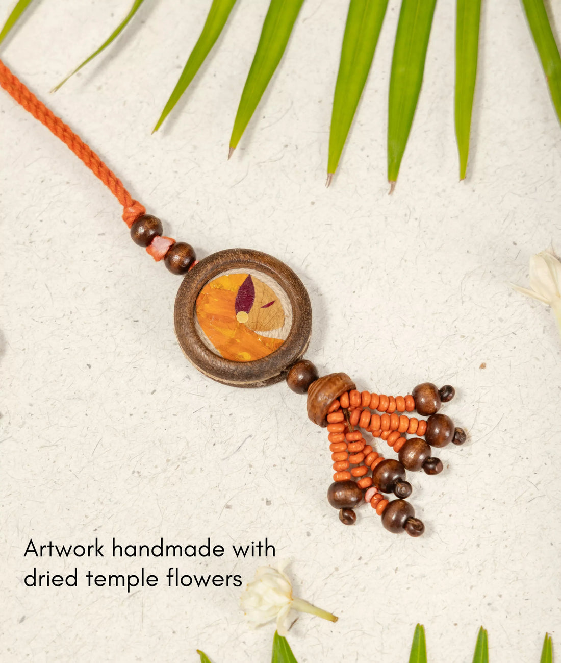 Rakhi | Kesariya Lumba Rakhi (Made From Cotton, Jute, Wooden beads &amp; With Pressed Flower Petals) – Handcrafted – Eco Friendly – Nature’s Soul - Single Piece