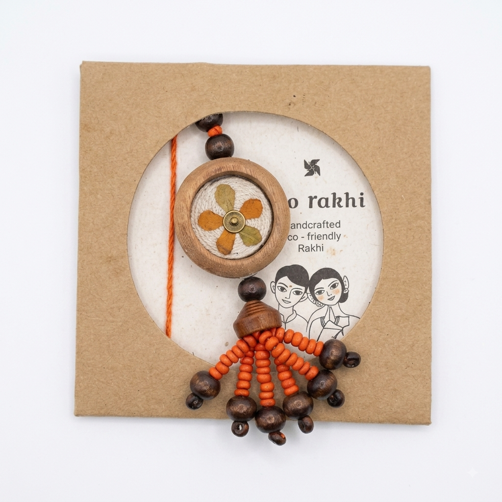 Rakhi | Kesariya Rakhi  (Made From Cotton, Jute, Wooden beads &amp; With Pressed Flower Petals) – Handcrafted – Eco Friendly – Nature’s Soul - Single Piece