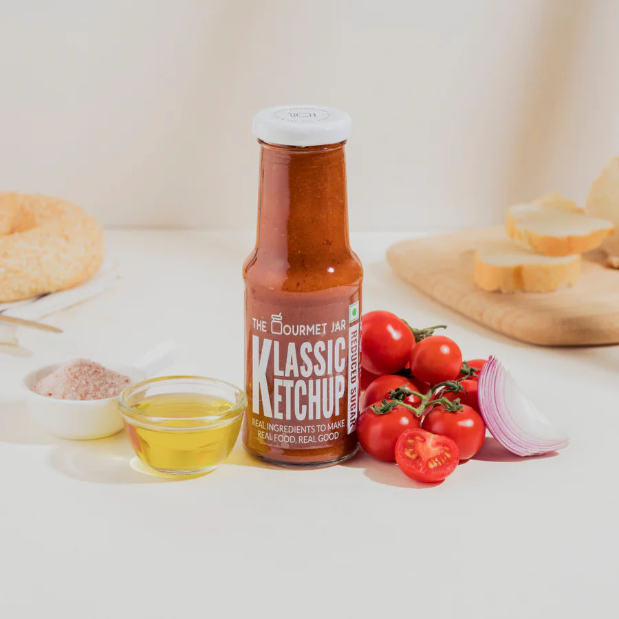 Ketchup | Klassic Ketchup (70% Tomatoes)- 100% Natural, Gluten Free, Vegan –  Reduced Sugar- No Additives &amp; Preservatives - The Gourmet Jar – 225gm