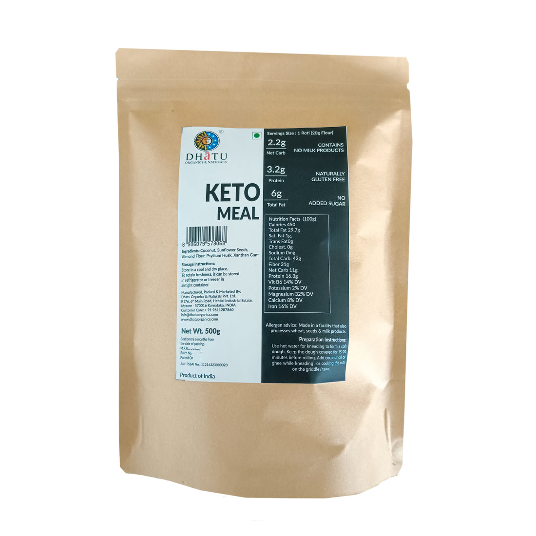 Keto Meal (Keto flour for making chapatis) Gluten Free &amp;amp; No Added Sugar - Dhatu Organic - 500gm